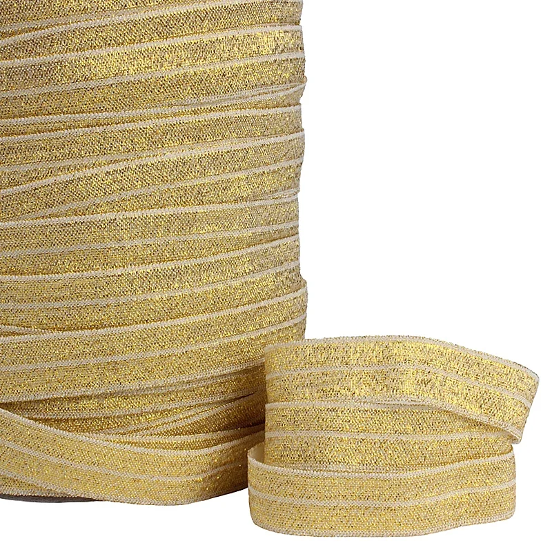 

(50 yards/lot) Gold metallic glitter frosted fold over elastic for kids hair bands