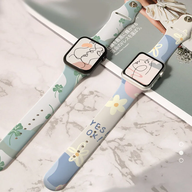 Printing Silicone Strap For Apple Watch Band 49mm 44mm 40 38mm 42 mm  Bracelet iWatch 8 7 6 SE 5 4 3 Ultra 41mm 45mm New Fashion