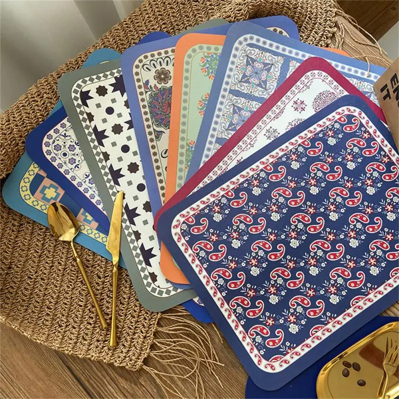 

Leather Light Luxury PrintingPattern Kitchen Placemat Dining Table Mats Drink Coasters Western Pad Cup Mat Waterproof 40*30cm
