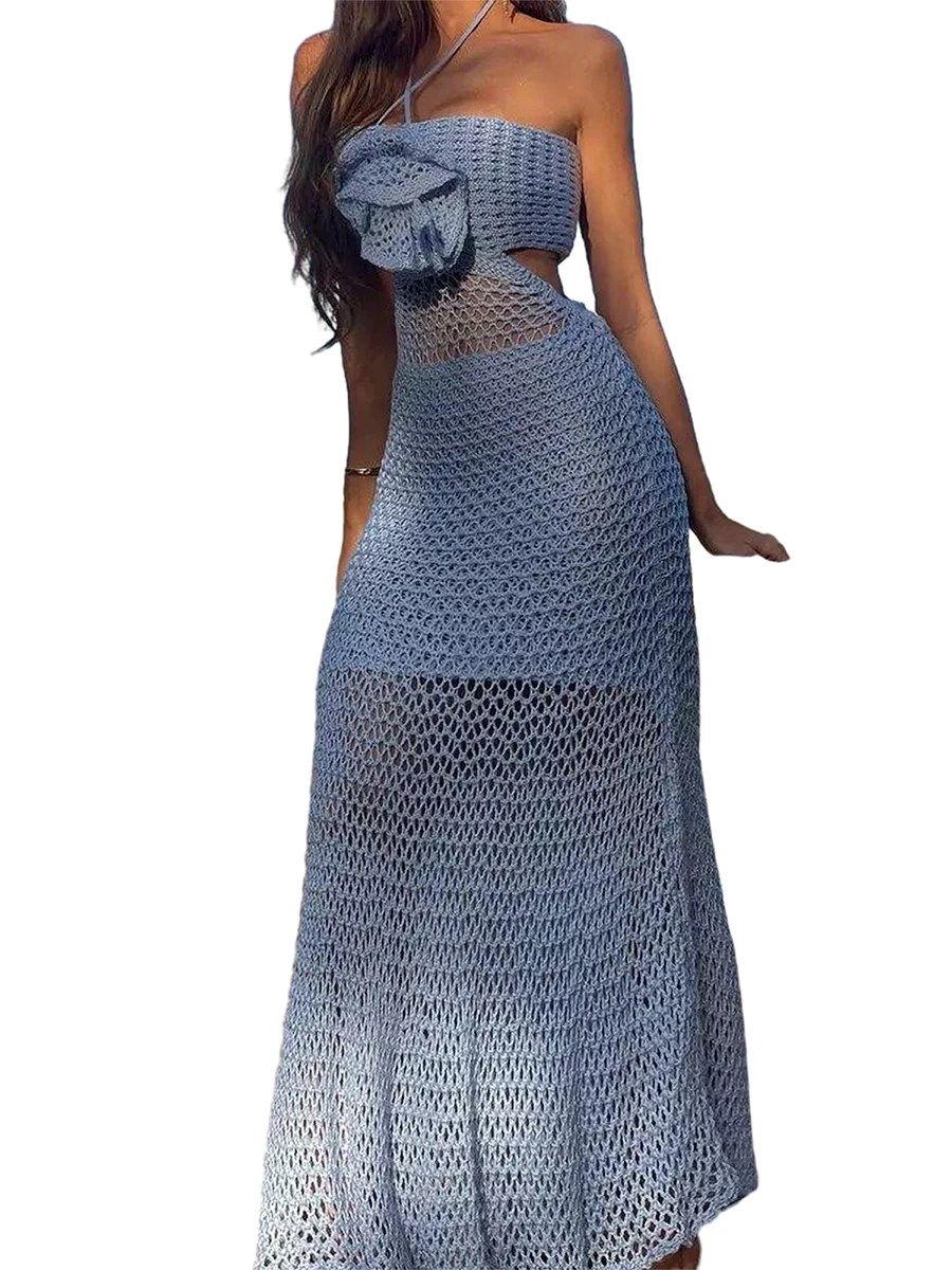 Women s Knitted Halter Dress Fit Hollowed Cutout Sleeveless See Through 3D Flower Solid Color Long for Party Club