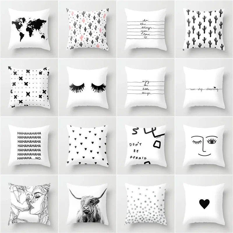 

White&Black Creative Pattern Decorative Pillowcase Soft Short Plush Cushion Cover 45*45cm Home Decor Sofa Throw Pillow Case