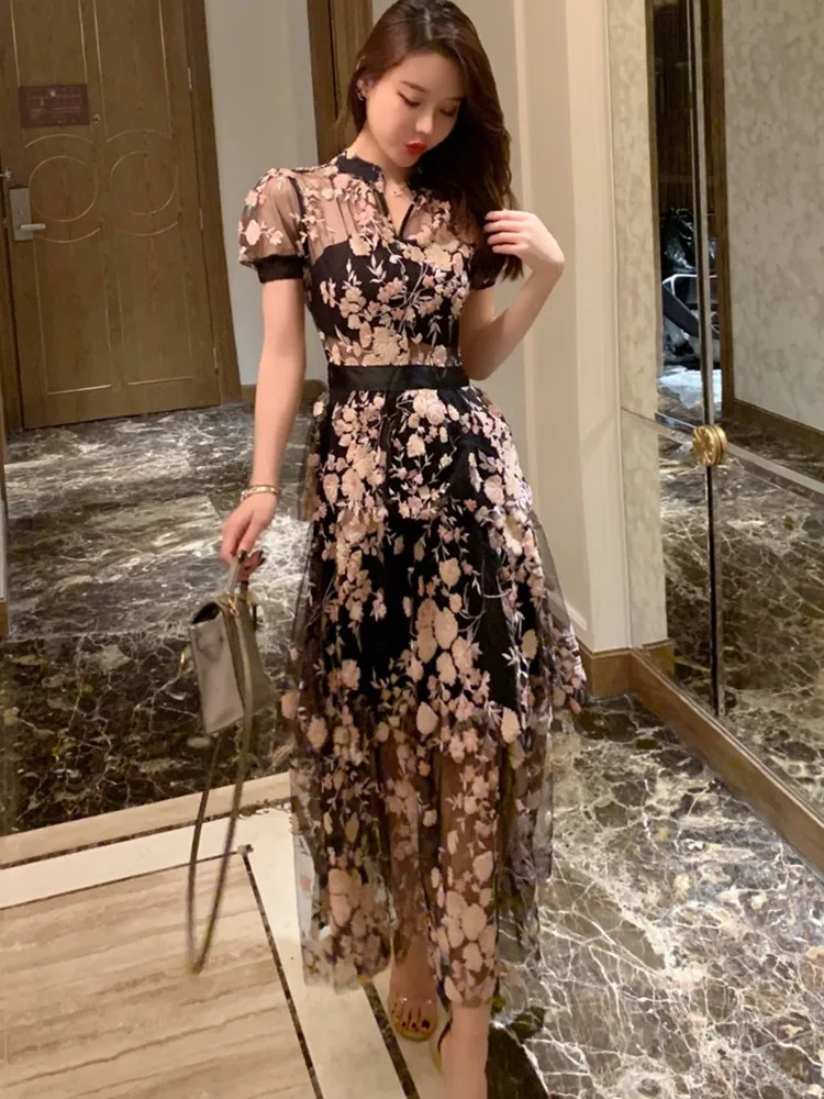 SMTHMA высококачественное подиумное платье 2023 Новое поступление Сетчатое платье с цветочной вышивкой и блестками шикарное летнее Длинное Платье Макси