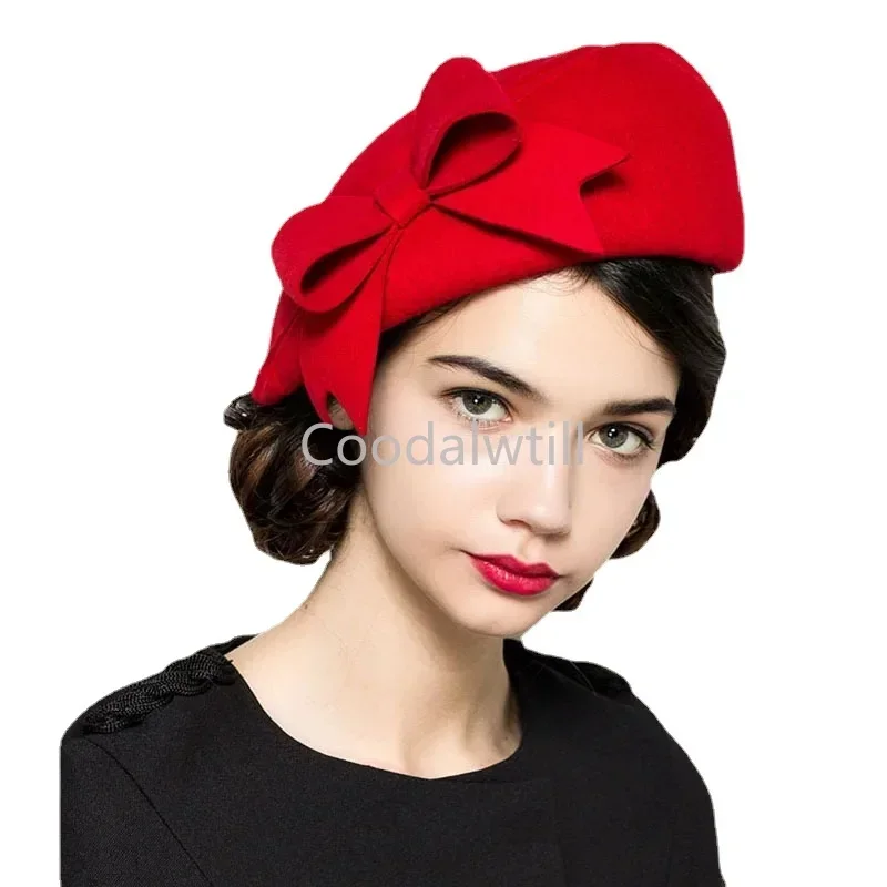 

Elegant Beret Women's Wool Felt Fascinators Fedora Red Church Hats White Black Wedding Ladies Hat Bow Caps Pillbox Hat Korean