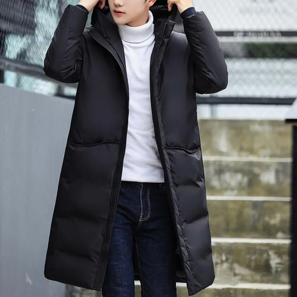 Men Hooded Jacket Cotton Padded Solid Color Long Sleeve Coldproof Outerwear Winter Thicken Fluffy Filling Windbreaker Streetwear