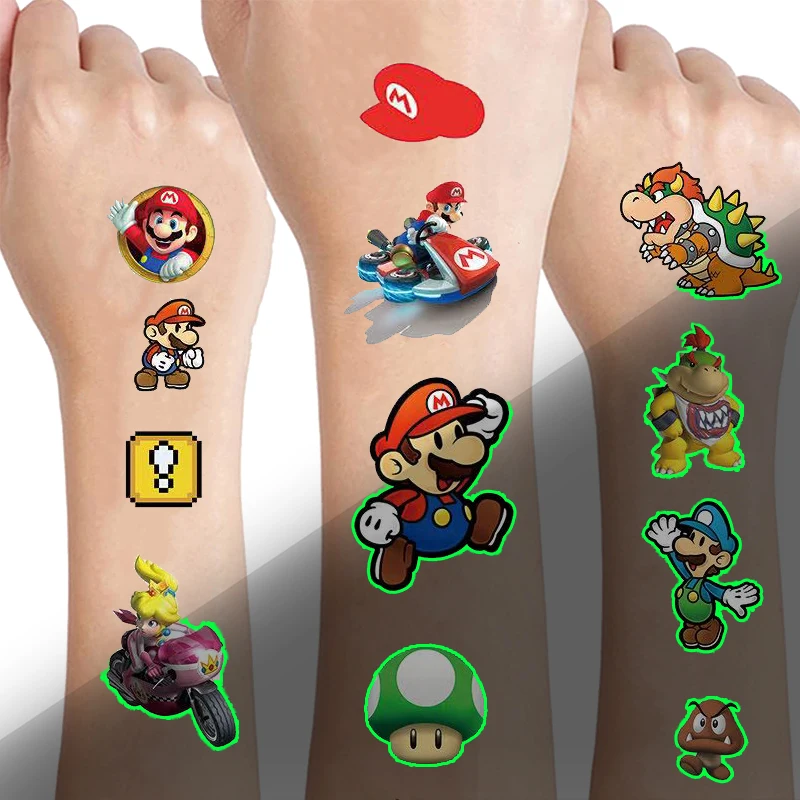 

Super Brother Luminous Tattoos for Kids Mario Styles Temporary Tattoos Stickers Boys Girls Glow Party Supplies Gift for Children