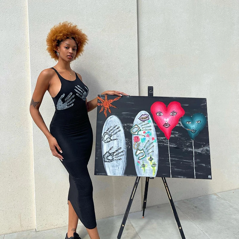 

Женское длинное платье на бретельках, повседневное облегающее платье с высокой талией и принтом пальмовых ладоней без рукавов, лето 2022