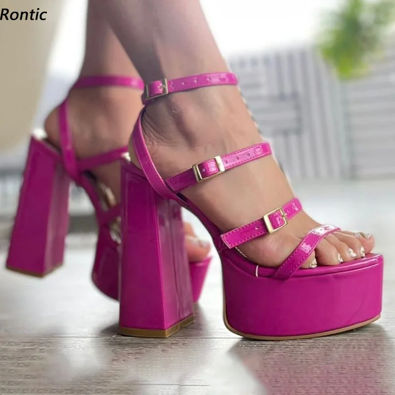 

Rontic Handmade Women Sandals Waterproof Ankle Strap Buckle Chunky Heels Open Toe Gorgeous Fuchsia Casual Shoes US Size 5-15