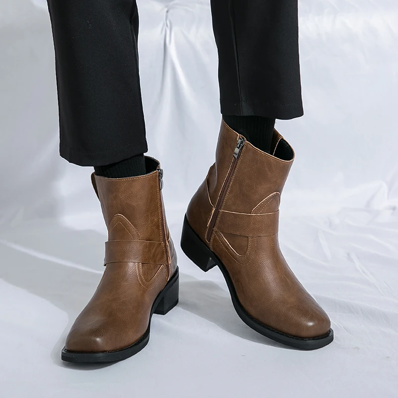 Мужские ботинки из искусственной кожи однотонные на молнии сбоку низком каблуке