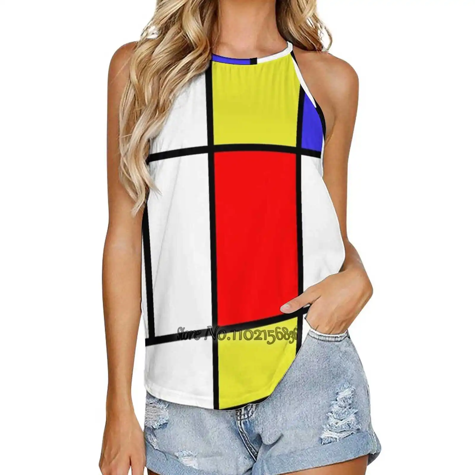 

Mondrian #58 сексуальный модный топ Повседневный Y2K жилет женский круглый вырез S-5Xl Mondriaan Mondrian абстрактное искусство геометрическое искусство