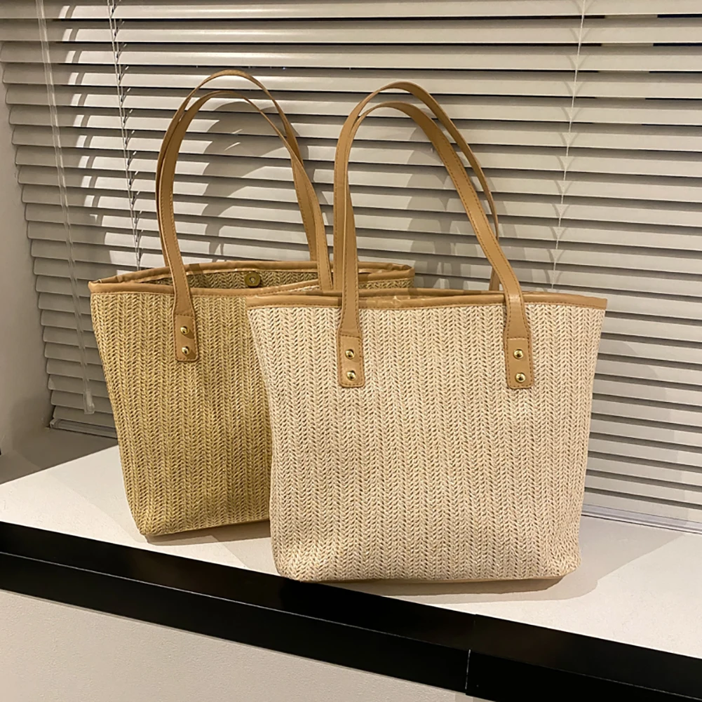 

Casual Women Shoulder Bags Summer Straw Beach Holiday Handbags Large Capacity Top-Handle Bags PU Hand-Woven Female Totes Bags