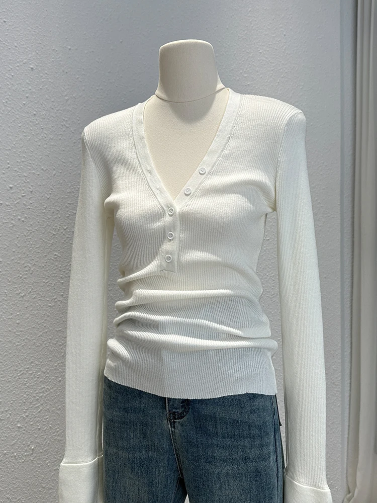 Корейская серия трикотажная женская рубашка с v-образным вырезом и длинными