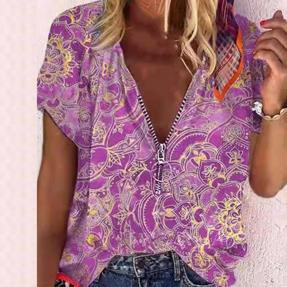 

Women's 2022 Spring and Summer New Fashion Vintage Printed Zipper V-neck Long Sleeve Bohemian T-shirt Casual