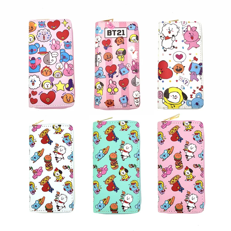 

BT21 New Long Women Wallet Fashion Purse Card Holder Wallets Double Zipper PU Leather Clutch Phone Bag Kawaii Cute Cartoon Gift