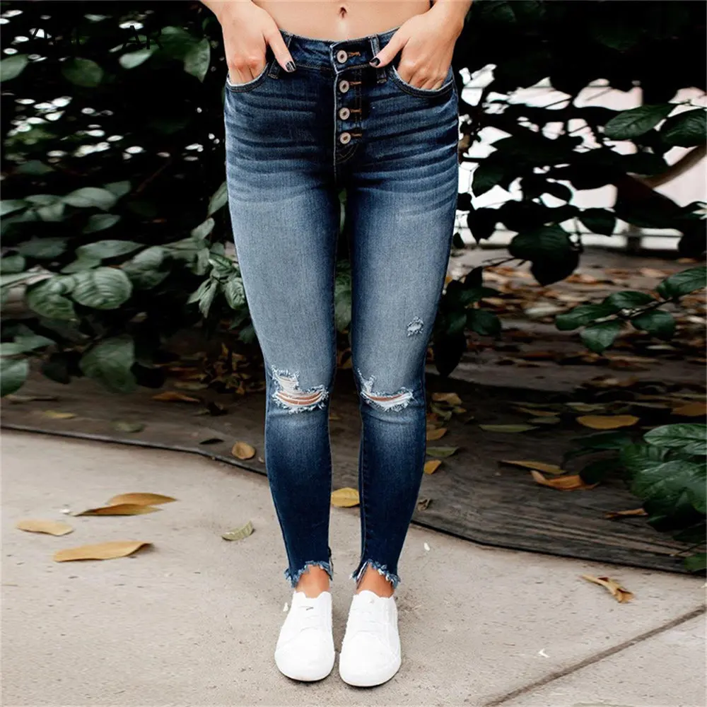 

Autumn 2022 new jeans Europe and the United States cross-border stretch hole slim comfortable mid-waist trousers women