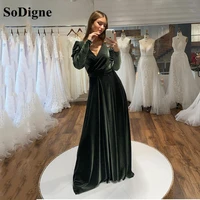 sodigne simple green velour long prom dress 2022 long sleeves v neck floor length evening party gowns night dress