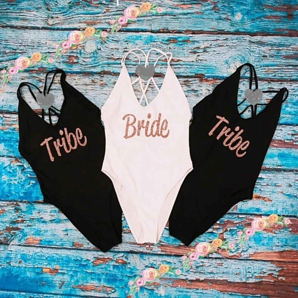 personalize GLITTER Bride TRIBE Bridesmaid swimsuit Bathing Suits Honeymoon Bachelorette Swimwear Party gifts