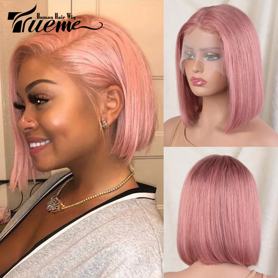 

Женский парик из натуральных волос Trueme, короткий розовый парик из человеческих волос с кружевом, с эффектом омбре, бразильский прозрачный парик из натуральных волос