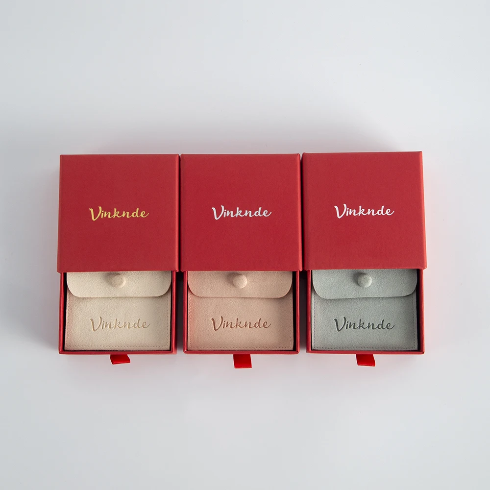 Red Cardboard Boxes Microfiber Suede Button Bags Set Custom Logo DIY Jewelry Earrings Necklace Packaging Organizer Case Pouches