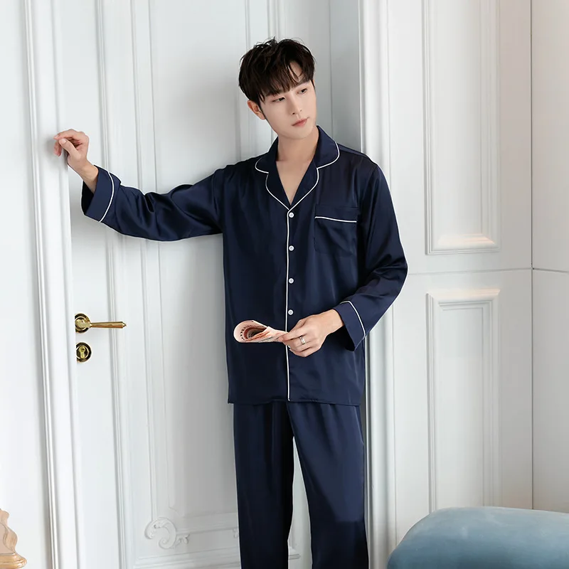 High-end Silk Pajamas for Men Long-Sleeve Satin Pajama Set Korean Pajamas Sleepwear