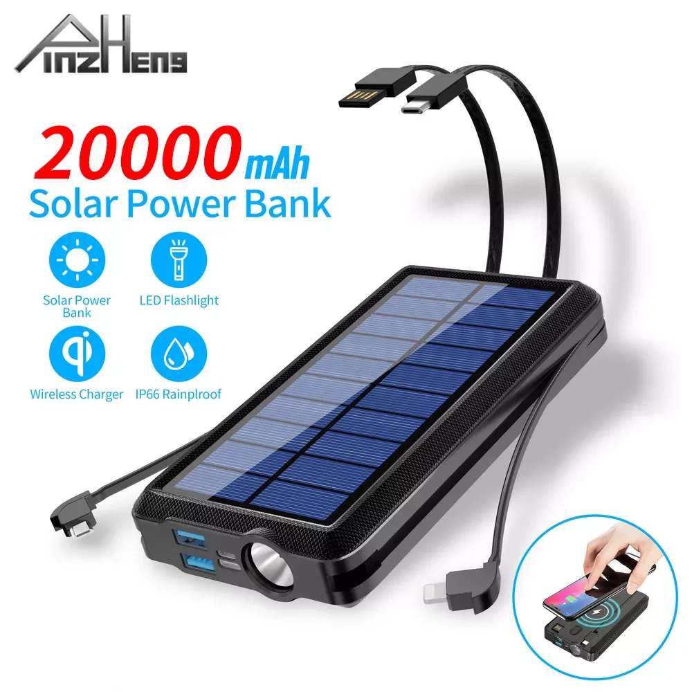 

NEW2023 PINZHENG 20000mAh Wireless Charging Power Bank Built-in 4 Cables Portable External Battery Charger Powerbank For iPhone