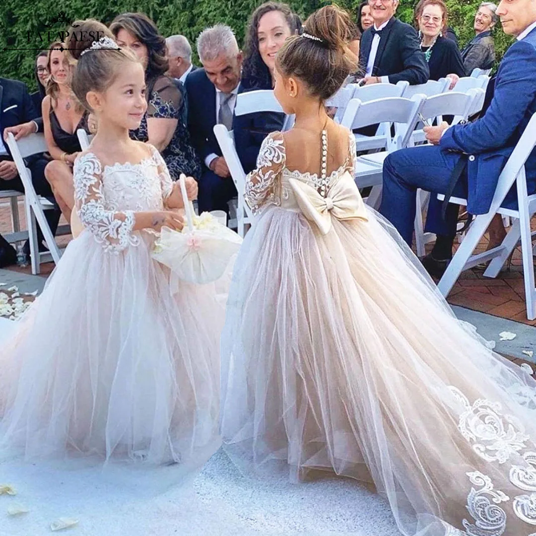 

FATAPAESE Lace Tulle Flower Girl Dress Up Bottons Bows Children's First Communion Ball Gown Wedding Party Bridesmaid Dresse Kids