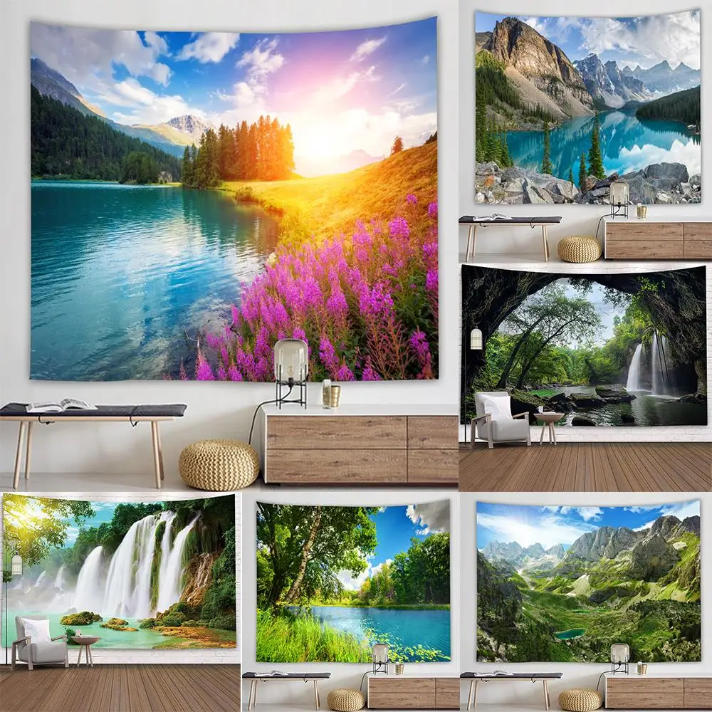 

Ocean Wall Landscape Forest Waterfall Lotus Cloth Wall Hanging Tapestry Decoration Wall Carpet Beach Background Cloth Home Decor