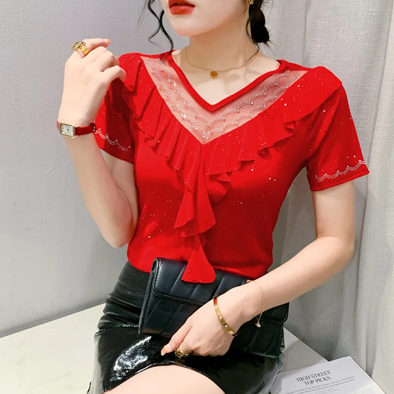 

#6265 Black Red Green Mesh T Shirt Women Hollow Out Ruffles Tight Stretch Tshirt Short Sleeve Sexy Streetwear Tee Thin V-neck