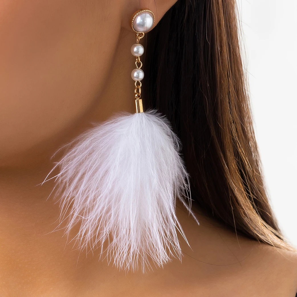 

Ingemark Romantic Long Tassel Fluffy Feather Drop Earrings for Women Wed Elegant Boho Imitation Pearl Dangle Earring Y2K Jewelry