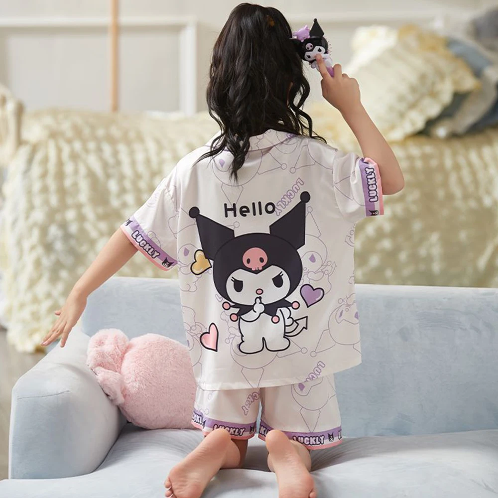 

Sanrio Kids Ice Silk Pajama Set Kuromi Cinnamoroll Anime Summer Thin Cartoon Kawaii Cute Short Sleeved Shorts Home Clothes Adult