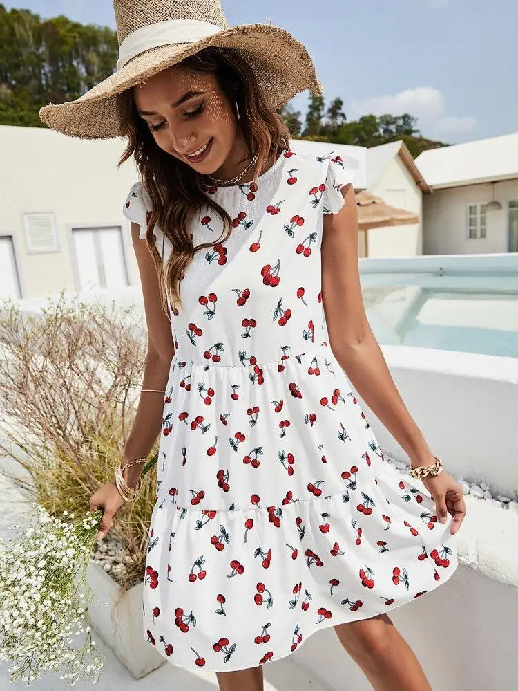 

2023 Europe and the United States spring and summer hot selling round collar flower print short sleeve loose dress