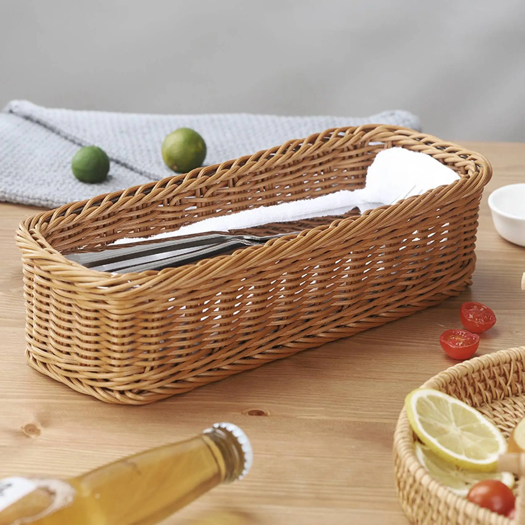 Desktop Cutlery Storage Basket Woven Restaurant Tableware Drain Box Brown