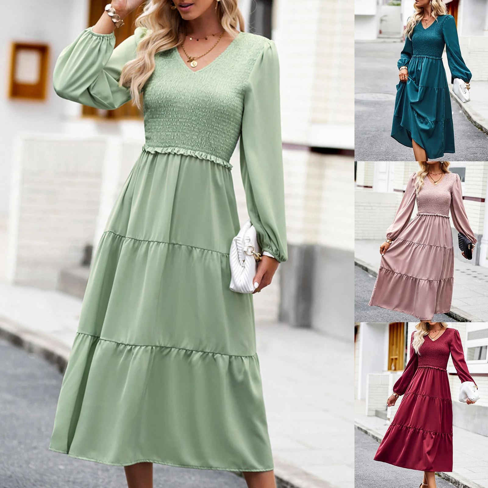 

2023 Women A Line Ruched Dress Loose Tiered Pleated Dresses Chic Sundress Solid Color Elegant Casual Daily Commuting Dress