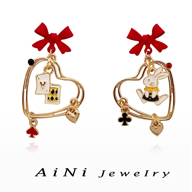 

Fashion Jewelry Red Bowknot Earrings 925 Silver Needle Sweet Korean Temperament Rabbit Heart Earrings For Women Girl Gift