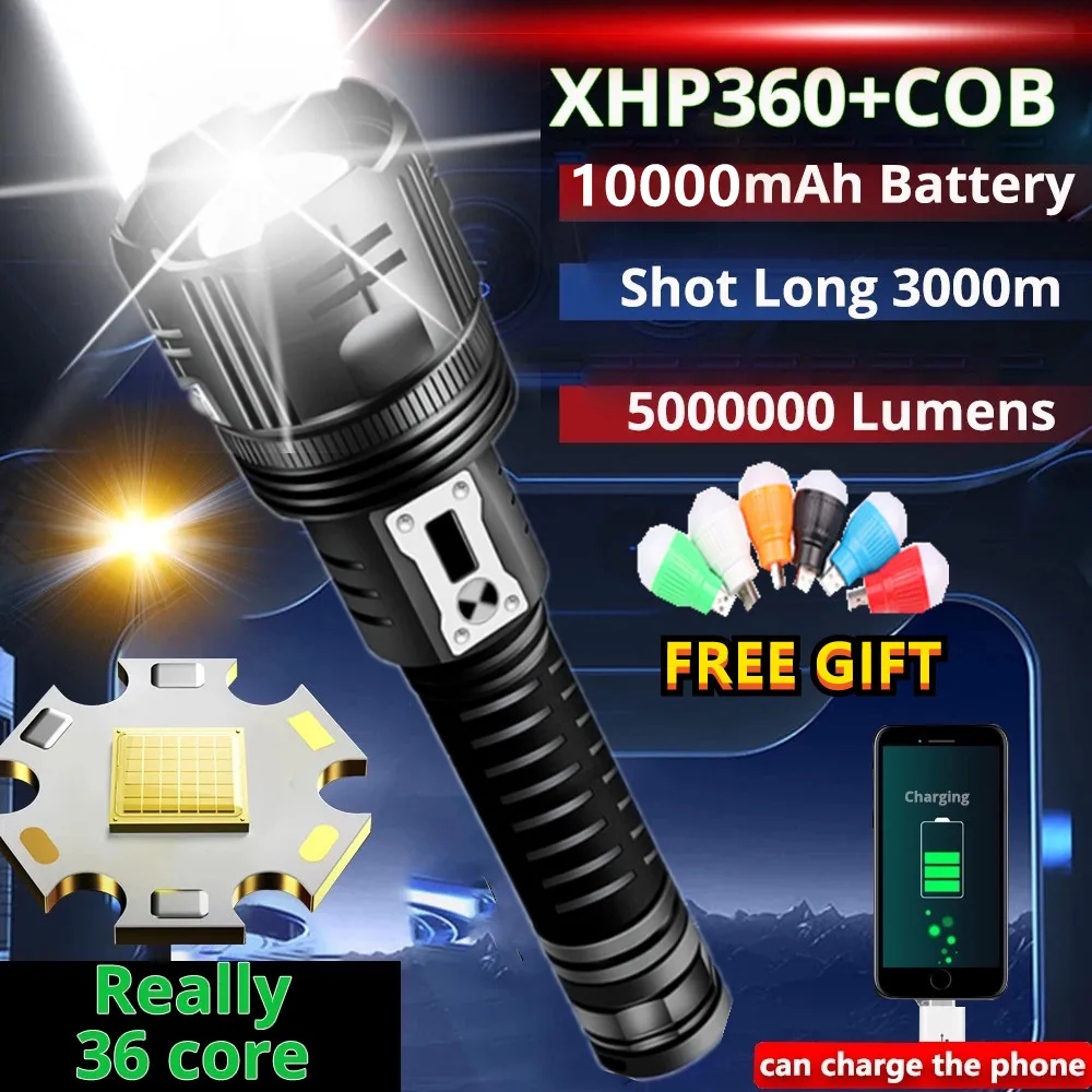 

5000000LM Newly XHP360 COB Powerful LED Flashlight Rechargeable Torch XHP50 10000mah Flash Light 26650 Outdoor Camping Lantern