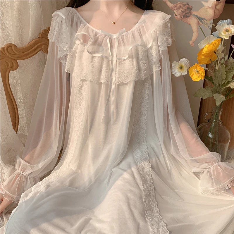 

Women Lolita Dress Princess Sleepwear White Lace Mesh Fairy Night Dress Victorian Vintage Nightgown Kawaii Nightdress Loungewear