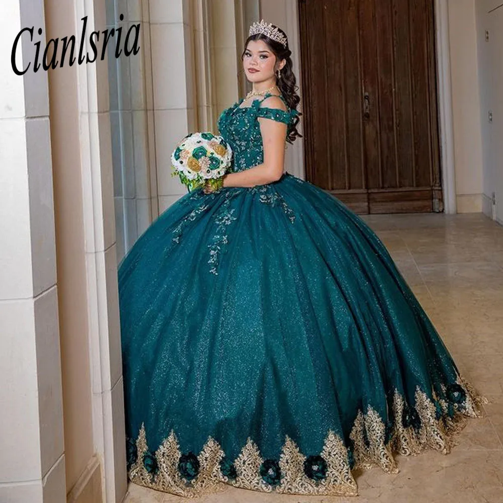 

Бальное платье принцессы, платье Quinceanera для 15-летних девушек на день рождения, официальные платья, зеленые на шнуровке, с 3D аппликацией