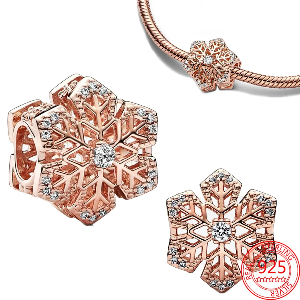 

Genuine 925 Silver Rose Gold Pavé Zircon Festive Snowflake Charm Fits Moment Bracelet DIY Jewelry Beads Gift Making