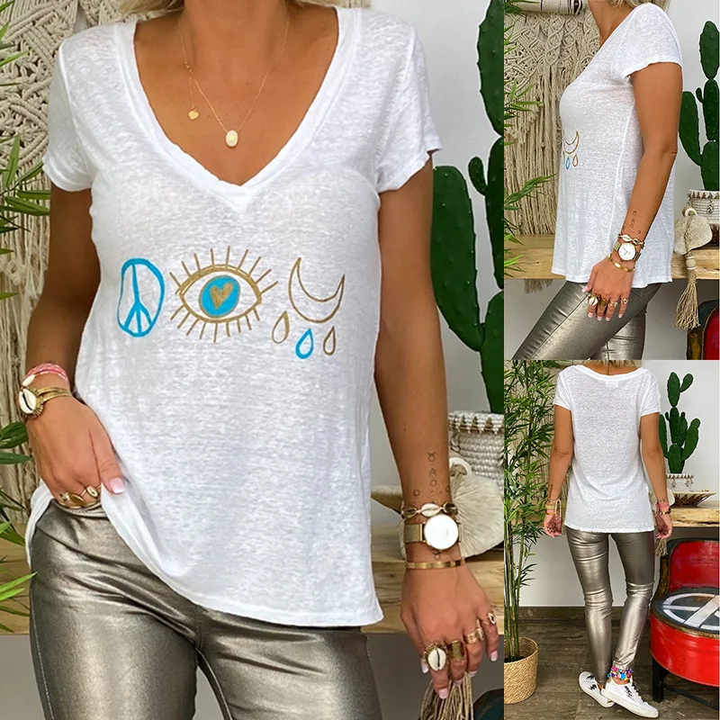 

2022 Spring And Summer Women's V-neck Temperament Commuter Top Short Sleeved Women's T-shirt