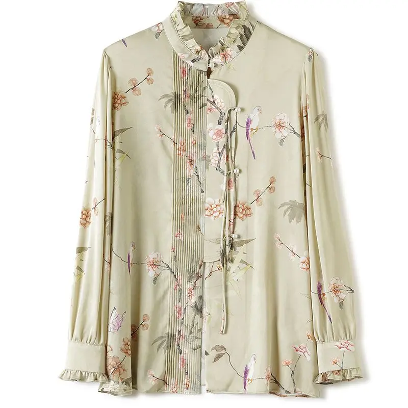 

Silk Women's Blouses Summer 2022 Floral Print Shirts Loose Long Sleeves Korean Fashion Top Spring O-Neck New Casual Clothing