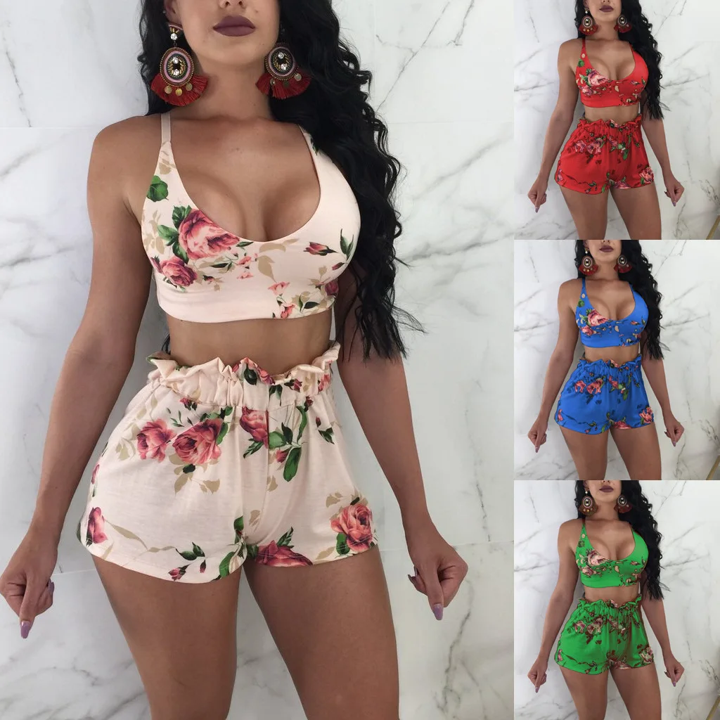 

Summer Sexy Womens Sets Off Shoulder Floral Print Chiffon Two Pieces Beach Set Off Shoulder Crop Tops And Shorts Casual Suits
