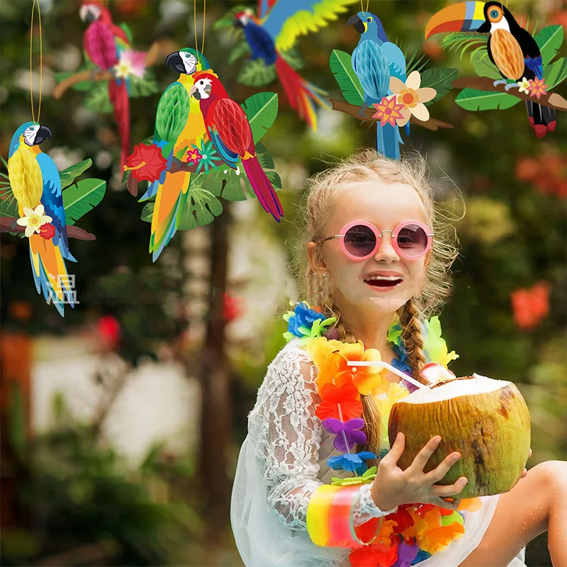 

6pcs Hawaiian Party Decoration Parrot Honeycomb Ball Pendant Tropical Bird Summer Pendant Happy Hawaii Birthday Parti Decor