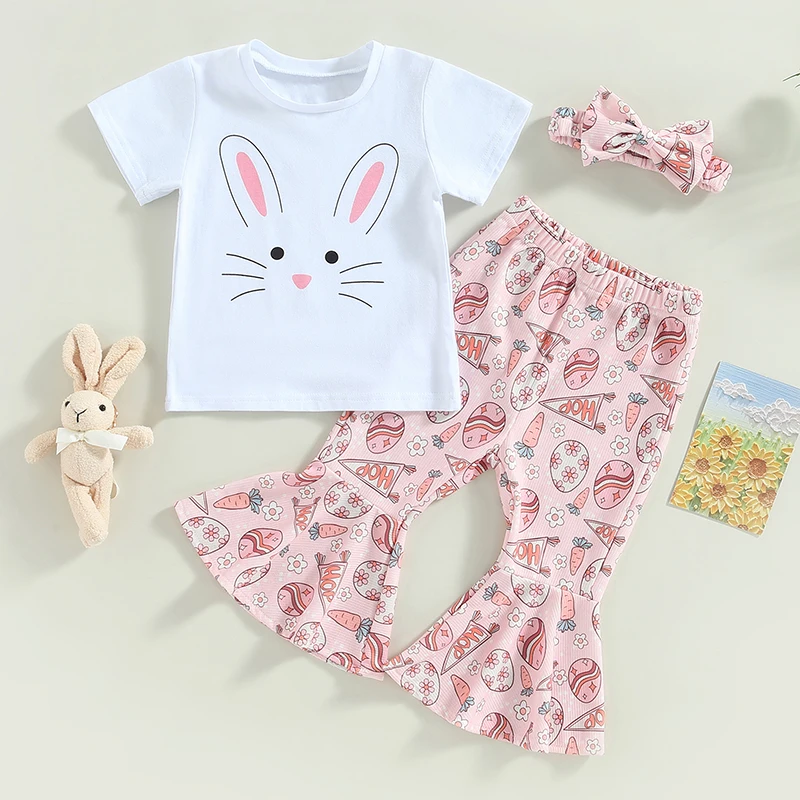 

Kids Girls Summer Outfits Easter Bunny Print Short Sleeve T-shirt and Casual Egg Print Flared Pants Headbands Set 1-5Years