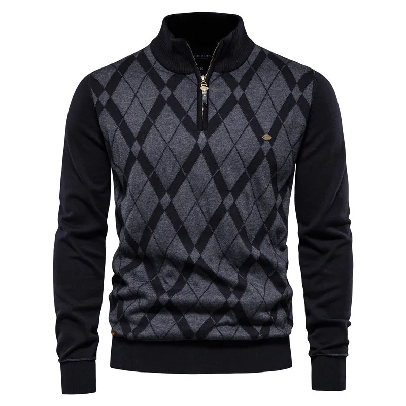 Men's Casual Plaid Long Sleeve Stand Collar Sweater Youth Half Zipper Pullover TOP