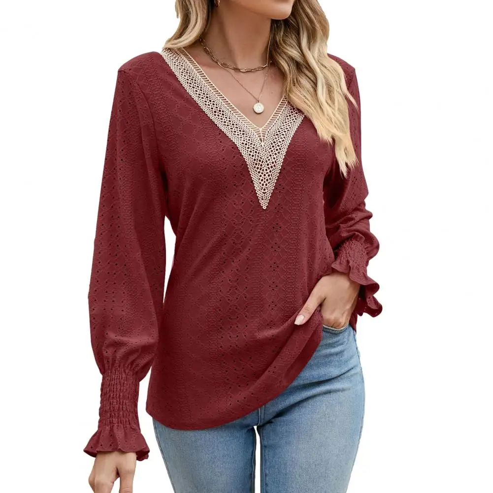 

Ruffled Cuff Women Top Elegant Lace Patchwork Blouse with V Neck Ruffle Details Soft Stylish Women's Top for Dating Casual Wear