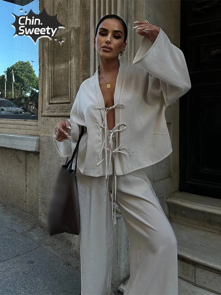 Модный комплект рубашки с V-образным вырезом и длинными рукавами на шнуровке