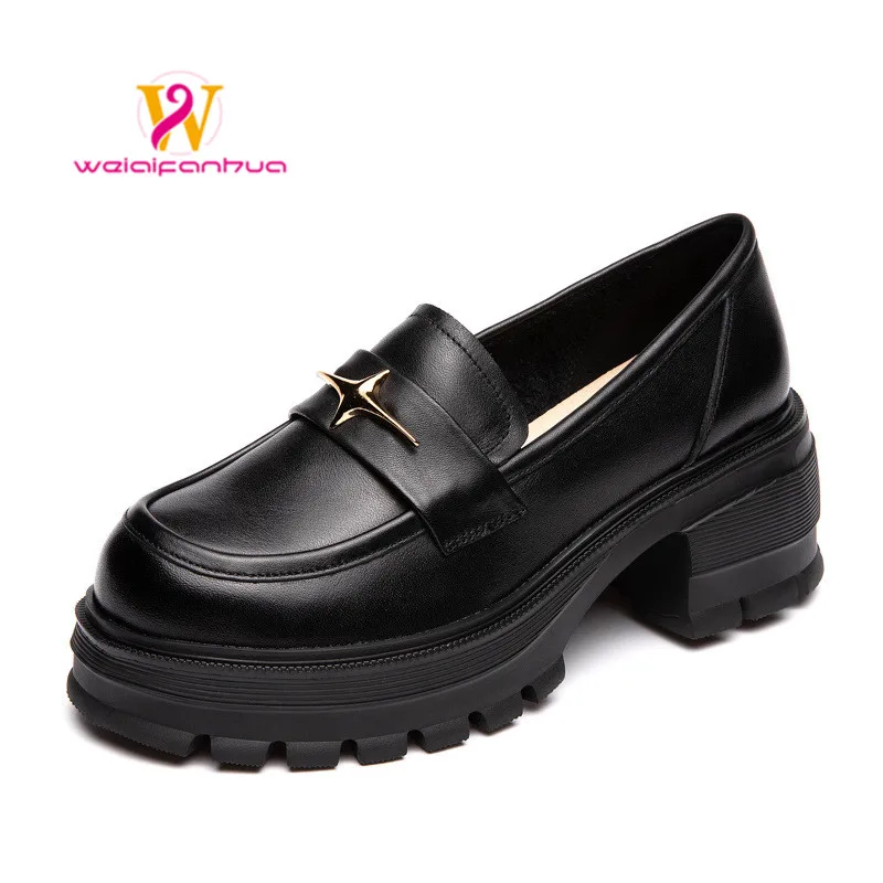 

Loafers Women's Platform 2023 Spring 2023 New British Casual Versatile Black Muffin Toe Top Cowhide Single Shoe Woman Heels