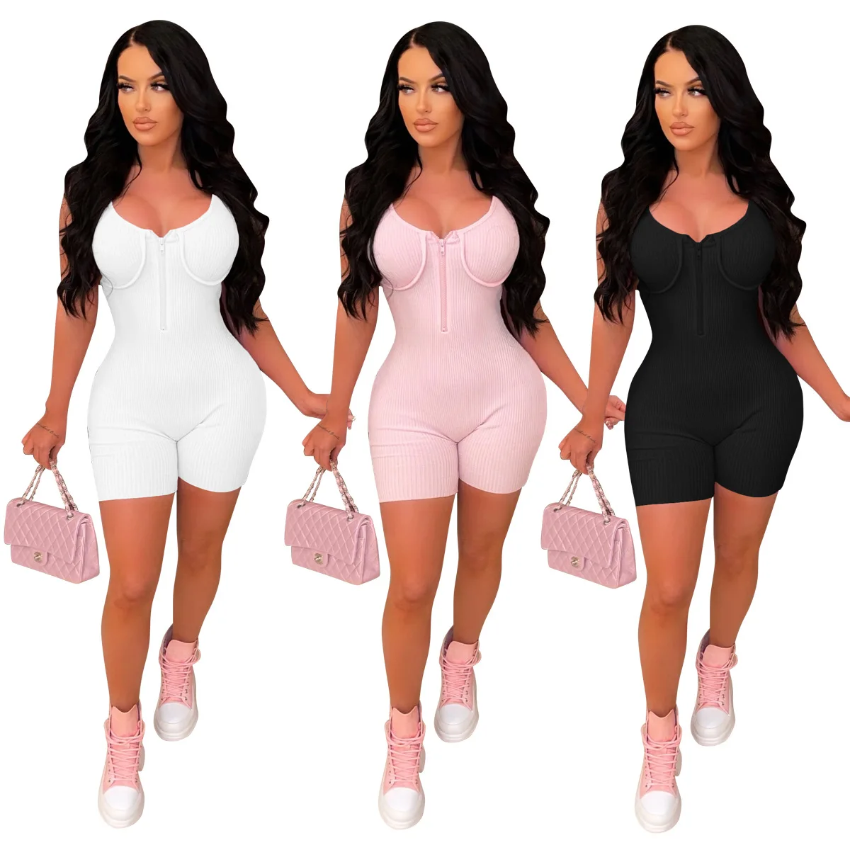 2022 Summer Women Jumpsuit Knit Ribbed Sleeveless Front Zipper Sportwear Streetwear Romper Women Jumpsuit Overalls