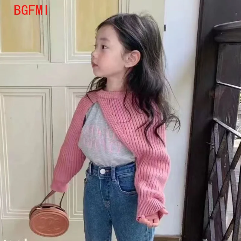 

2022 Korean Kids Spring Autumn New Girl Knitted shawl coat Long Sleeved Sweater Fashion Pullover Solid color Cardigan 1-11Y