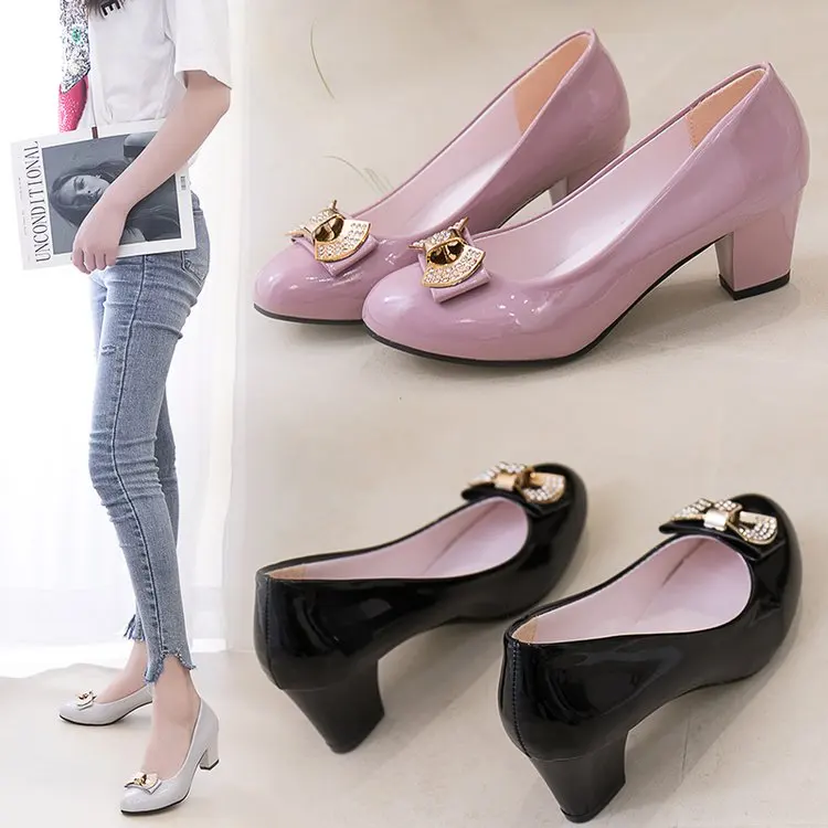 

2023 round toe pumps women shoes med heels shallow slip on with butterfly knot square heels sweet female shoes