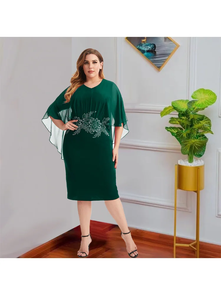 Summer temperament slim foreign trade large size women's solid color V-neck chiffon red knitted dress plus size dresses